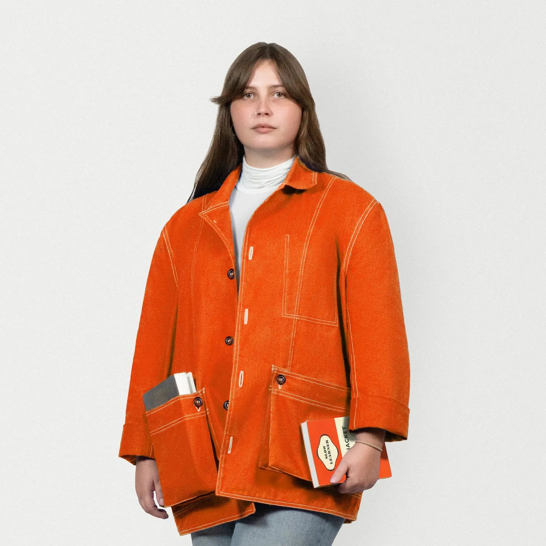 Person wearing an orange jacket with a white background