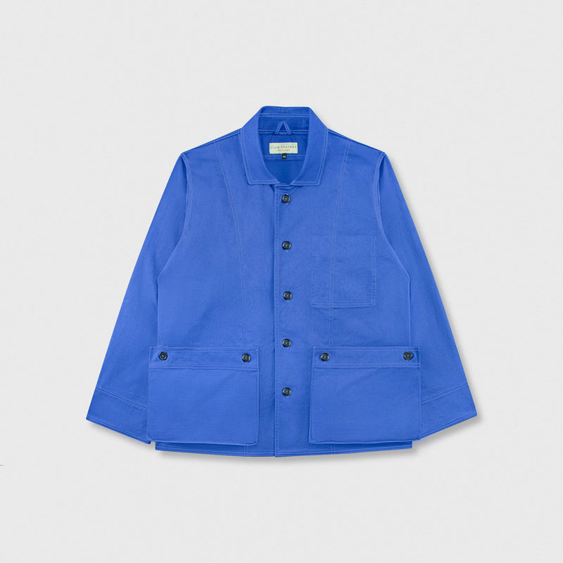 A bright blue utility jacket with a pointed collar, button front, and two large front flap pockets, shown flat on a light gray background.